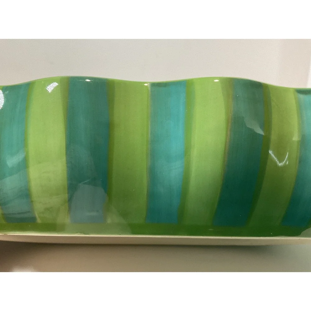 Gail Pittman Hand Painted‎ Ceramic Serving Bowl Striped Teal Green Scalloped Rim